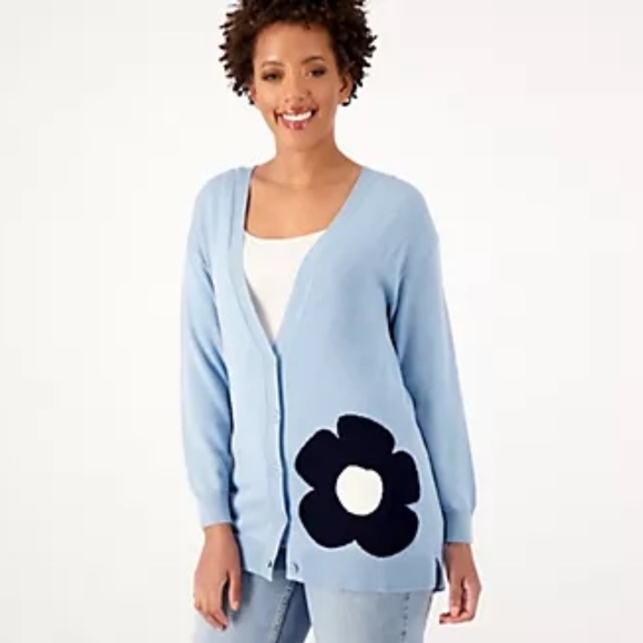 Laurie Felt Sweaters - Laurie Felt Cashmere Blend Daisy Cardigan Sweater Sz 1X Blue Floral NEW